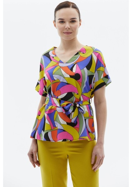 V Yaka Düşük Kol Soyut Desen Bağlamalı Bluz modelleri