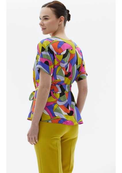V Yaka Düşük Kol Soyut Desen Bağlamalı Bluz fırsatları