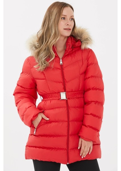 Beli Lastikli Kapüşonu Kürklü Mont