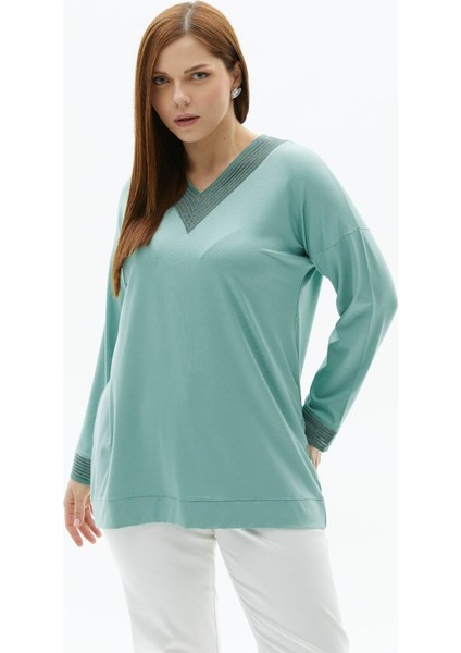 Büyük Beden Simli Ribanalı Uzun Kol Penye Bluz