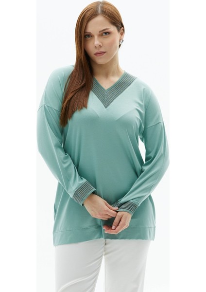 Büyük Beden Simli Ribanalı Uzun Kol Penye Bluz fiyatları