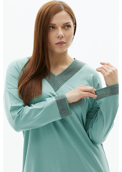 Büyük Beden Simli Ribanalı Uzun Kol Penye Bluz modelleri