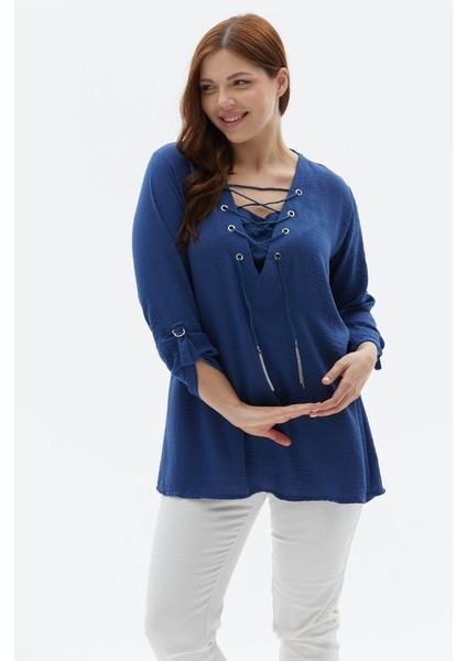 Büyük Beden Yakası Kuşgözü Aksesuarlı Bluz modelleri