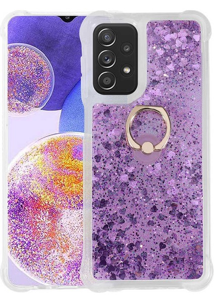 Samsung Galaxy A23 Kılıf Yüzük Standlı Sıvılı Simli Pullu Renkli Desenli Silikon Kapak