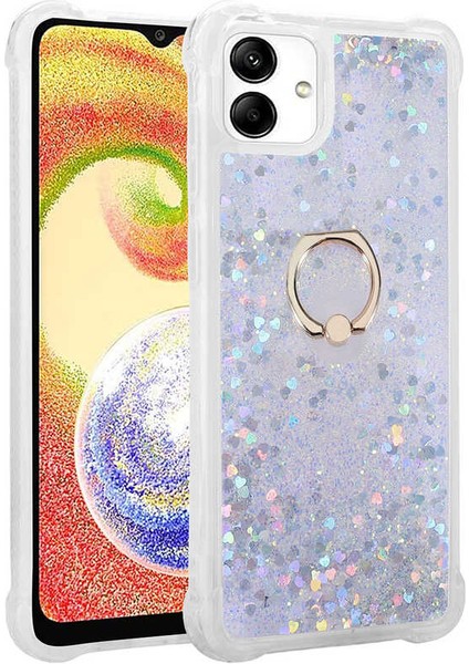 Samsung Galaxy A04 Kılıf Yüzük Standlı Sıvılı Simli Pullu Renkli Desenli Silikon Kapak
