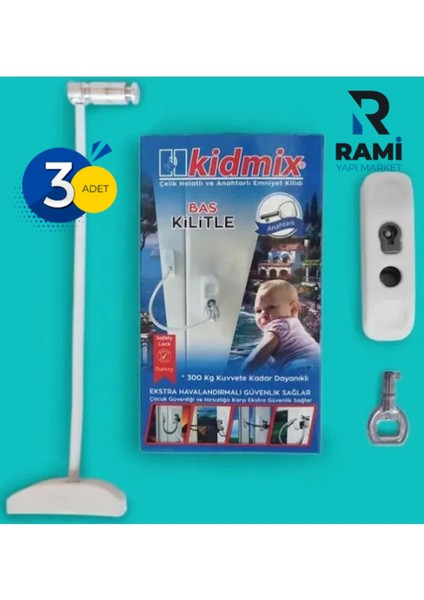 3 Adet | Kidmix Pencere Pimapen Kilidi Halatlı Anahtarlı Emniyet Bebek Güvenlik