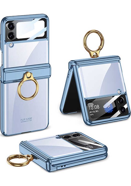 Galaxy Z Flip 4 Kılıf Yüzüklü Lens Korumalı Metal Görünümlü Kapak