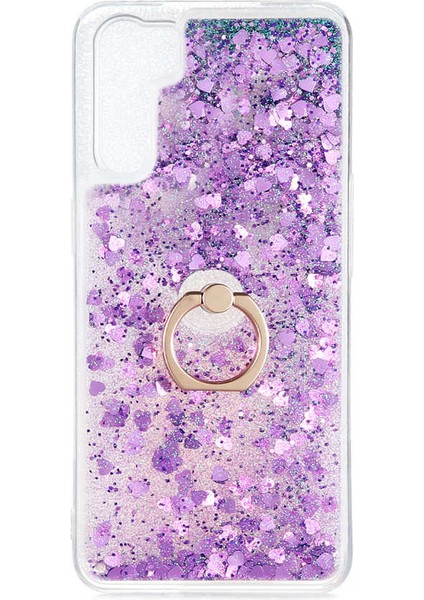 Oppo Reno 3 Kılıf Yüzük Standlı Sıvılı Simli Pullu Renkli Desenli Silikon Kapak