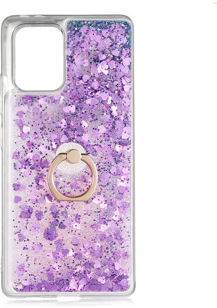 Samsung Galaxy A91 (S10 Lite) Kılıf Yüzük Standlı Sıvılı Simli Pullu Renkli Desenli Silikon Kapak