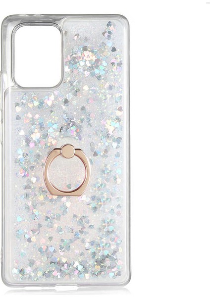 Samsung Galaxy A91 (S10 Lite) Kılıf Yüzük Standlı Sıvılı Simli Pullu Renkli Desenli Silikon Kapak
