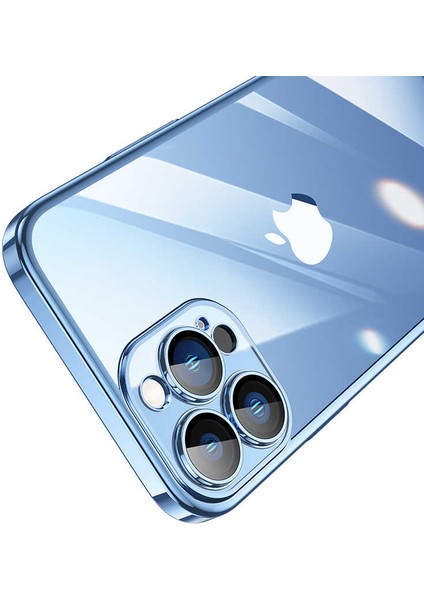 Apple iPhone 13 Pro Max Kılıf Renkli Çerçeveli Arkası Şeffaf Metal Buton Sert Pc Silikon Kapak