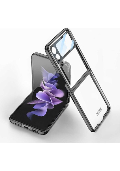 Galaxy Z Flip 4 Kılıf Lens Korumalı Metal Görümlü Transparan Rekli Tasarım Kapak