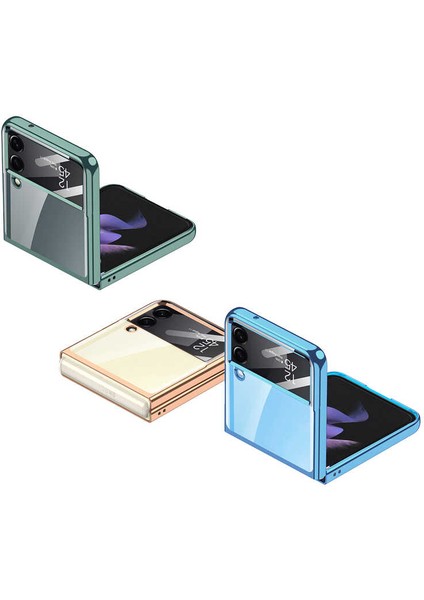 Galaxy Z Flip 4 Kılıf Lens Korumalı Metal Görümlü Transparan Rekli Tasarım Kapak