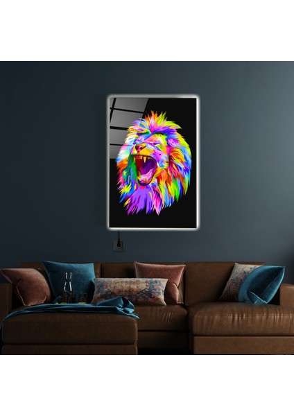 LED Aydınlatmalı Renkli Aslan Cam Tablo Işıklı Cam Tablo