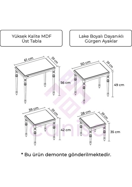 Concept Canisa Saray Serisi Beyaz Avangart 4'lü Zigon Sehpa Takımı / Mdf ve Lake Boya