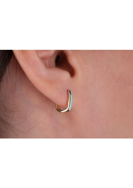 14 Ayar Altın Turkuaz Mineli Mini Dikdörtgen Halka Küpe