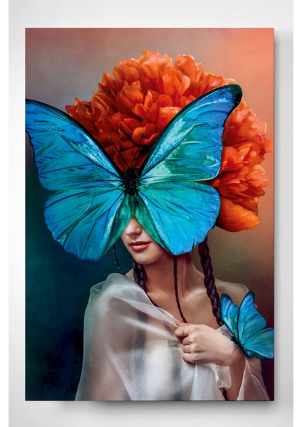 Digi-Glass Mavi Kelebek ve Kızıl Saçlı Kız Dokulu Cam Tablo - Özel Seri