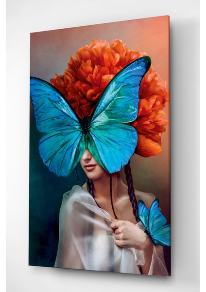 Digi-Glass Mavi Kelebek ve Kızıl Saçlı Kız Dokulu Cam Tablo - Özel Seri fırsatları