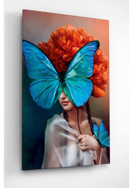 Digi-Glass Mavi Kelebek ve Kızıl Saçlı Kız Dokulu Cam Tablo - Özel Seri fiyatları