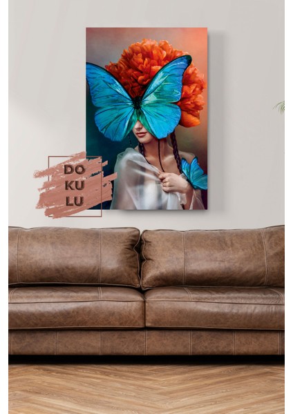 Digi-Glass Mavi Kelebek ve Kızıl Saçlı Kız Dokulu Cam Tablo - Özel Seri modelleri