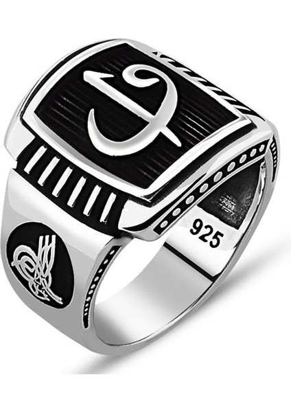 925 Ayar Gümüş Elif Vav Detaylı Erkek Yüzük TM-124