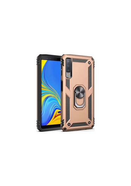 Galaxy A7 2018 Kılıf Yüzüklü Standlı Mıknatıslı Zırhlı Panzr Koruma 9h Antishock Nano Cam