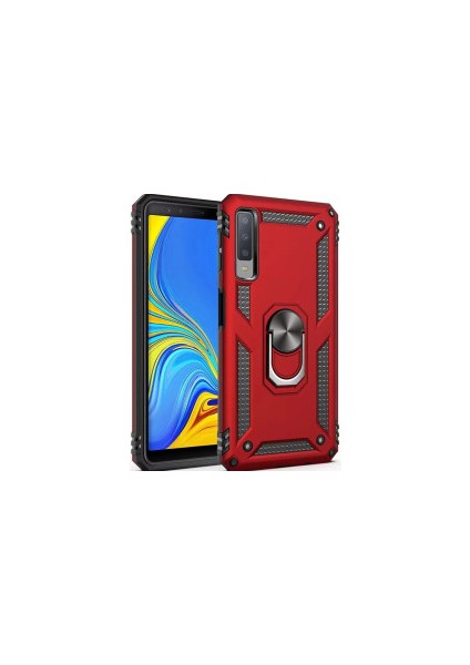 Galaxy A7 2018 Kılıf Yüzüklü Standlı Mıknatıslı Zırhlı Panzr Koruma 9h Antishock Nano Cam