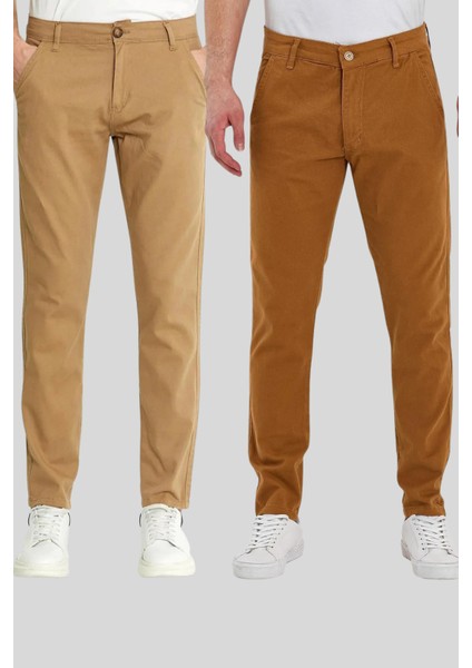 2 Li Standart Kalıp Chino Pantolon Siyah Ve Camel Renkleri Çok Renkli