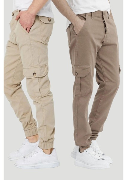 2 Li Paçası Lastikli Pantolon Taş-Camel Çok Renkli