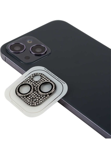 Apple iPhone 13 Mini Kamera Lens Koruyucu Diamond Pırıltı Taşlı Tasarım (Siyah)