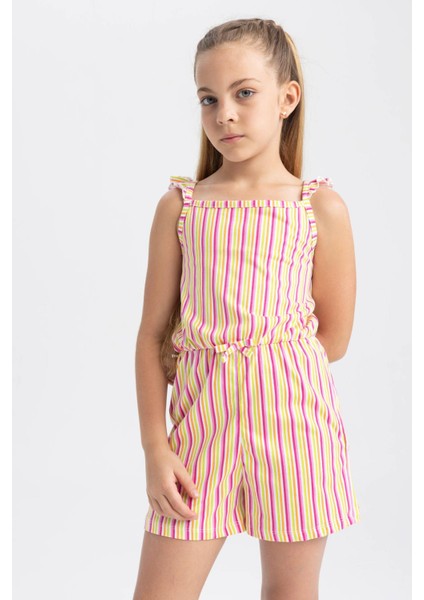 Kız Çocuk Desenli Askılı Pamuklu Kısa Tulum T2733A623HS