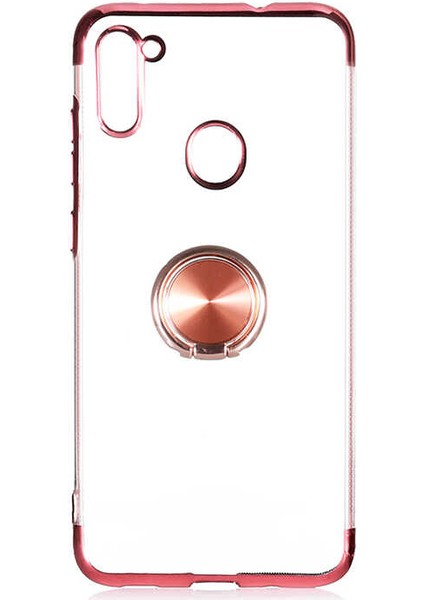 Galaxy A11 Kılıf Yüzüklü Standlı Magnet Şeffaf 4 Köşe Renkli Lazer Silikon