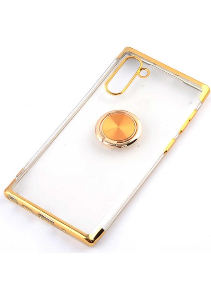 Galaxy Note 10 Kılıf Yüzüklü Standlı Magnet Şeffaf 4 Köşe Renkli Lazer Silikon