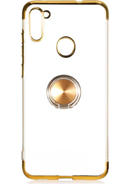 Galaxy A11 Kılıf Yüzüklü Standlı Magnet Şeffaf 4 Köşe Renkli Lazer Silikon