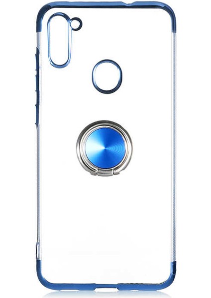 Galaxy A11 Kılıf Yüzüklü Standlı Magnet Şeffaf 4 Köşe Renkli Lazer Silikon