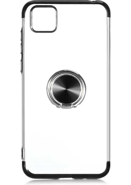 Huawei Y5P Kılıf Yüzüklü Standlı Magnet Şeffaf 4 Köşe Renkli Lazer Silikon