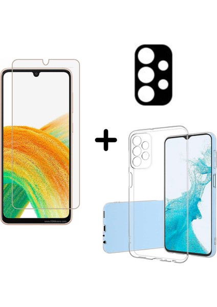 Samsung Galaxy A33 5g ile Uyumlu Kılıf Şeffaf Temperli Kırılmaz Cam Ekran ve Kamera Lens Koruyucu Seti