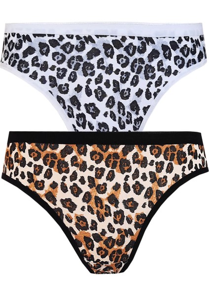 2li Tutku Kadın Leopar Bikini Arkası Düz Pamuklu Külot Iç Çamaşır