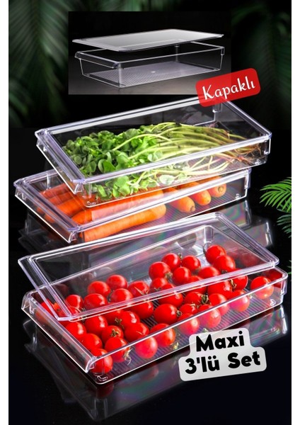 Kapaklı Maxi New Clear Buzdolabı & Dolap Içi Düzenleyici Organizer 3 Adet