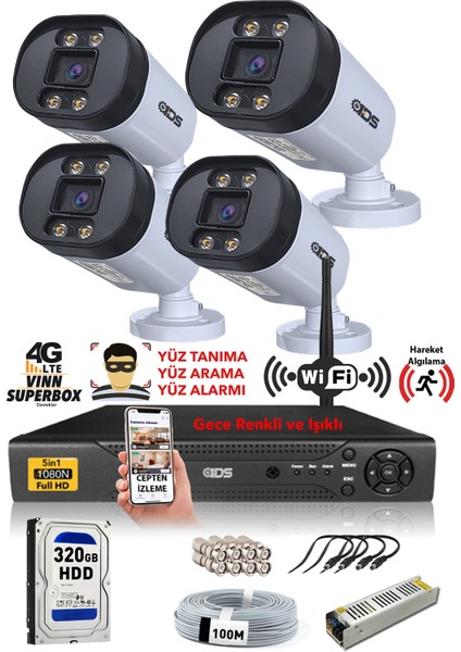 4 Kameralı 5MP Lensli 1080P Full HD Gece Renkli Full Kamera Seti - Su Geçirmez - Cepten İzle
