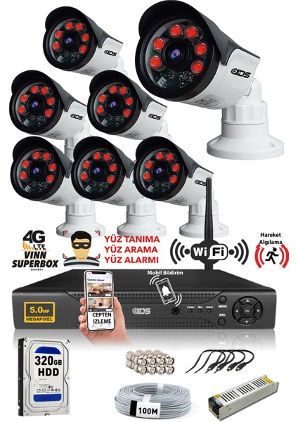 - 7 Kameralı Set - 5mp Sony Lensli Full Hd Gece Görüşlü Su Geçirmez Cepten Izle - Güvenlik Kamerası Sistemi