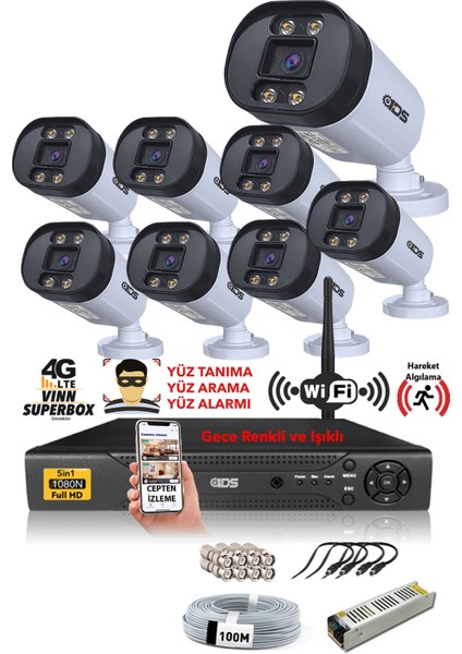 8 Kameralı Set - 5 Mp Lensli 1080P Full HD Gece Renkli Full Kamera Seti - Su Geçirmez - Cepten Izle