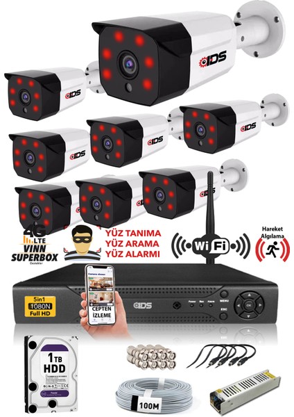 - 8 Kameralı 5mp Sony Lensli 1080P Fullhd Güvenlik Kamerası Sistemi - Cepten İzle - 1tbdış