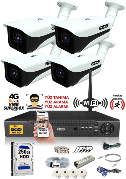 4 Kameralı 5MP Sony Lensli 1080P Full HD Güvenlik Kamerası Sistemi - Cepten İzle - 250 Dış