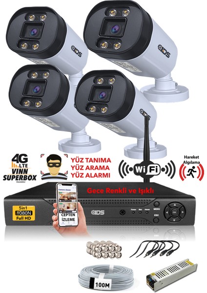 4 Kameralı 5mp Lensli 1080P Fullhd Gece Renkli Full Kamera Seti - Su Geçirmez - Cepten Izle