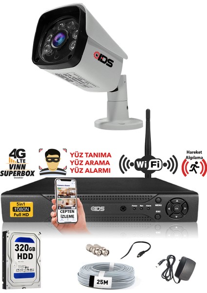 1 Kameralı Set - 5 Mp Sony Lensli Full HD Gece Görüşlü Güvenlik Kamerası Sistemi 320 Dış
