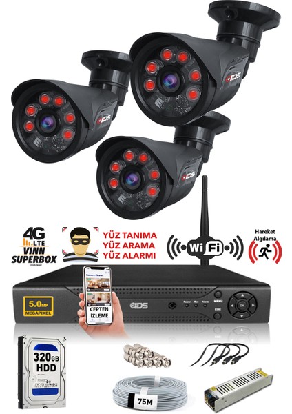 3 Kameralı Set - 5mp Sony Lensli Full Hd Gece Görüşlü Güvenlik Kamerası Sistemi - Cepten Izle