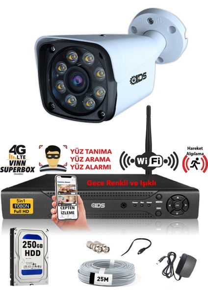- 1 Kameralı 5mp Sony Lensli 1080P Fullhd Gece Renkli Full Kamera Seti - Su Geçirmez - Cepten İzle