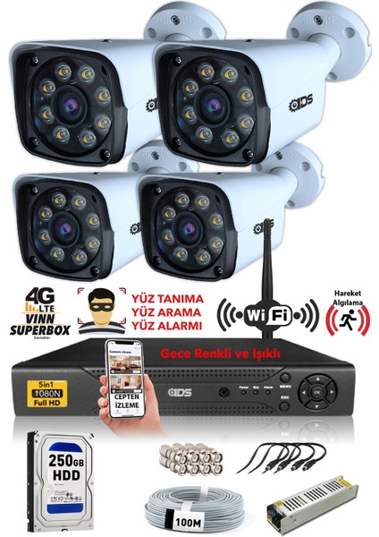 - 4 Kameralı 5mp Sony Lensli 1080P Fullhd Gece Renkli Full Kamera Seti - Su Geçirmez - Cepten İzle