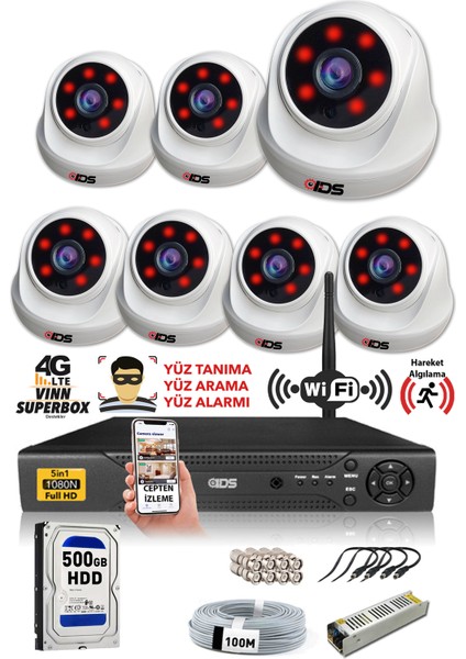 7 Kameralı 5mp Sony Lensli 1080P Fullhd Güvenlik Kamerası Sistemi - Cepten Izle - 500 Iç